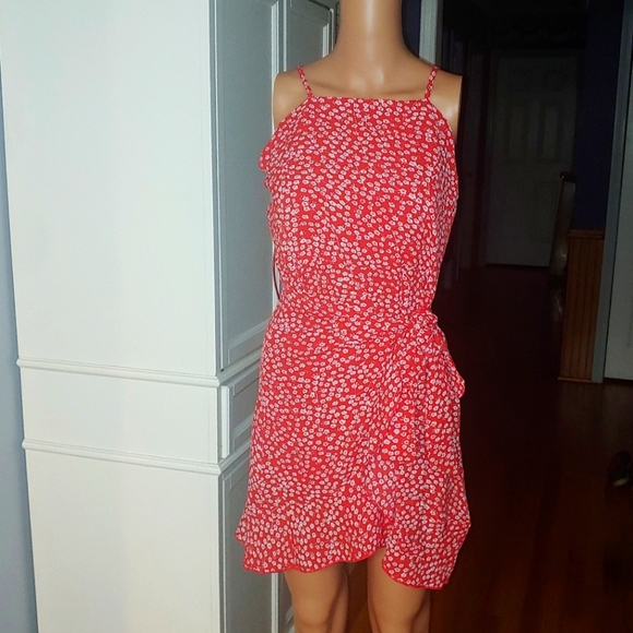 Red Ditsy Floral Ruffle Hem Knot Zipper Midi Summer Dress MEDIUM - Picture 1 of 16
